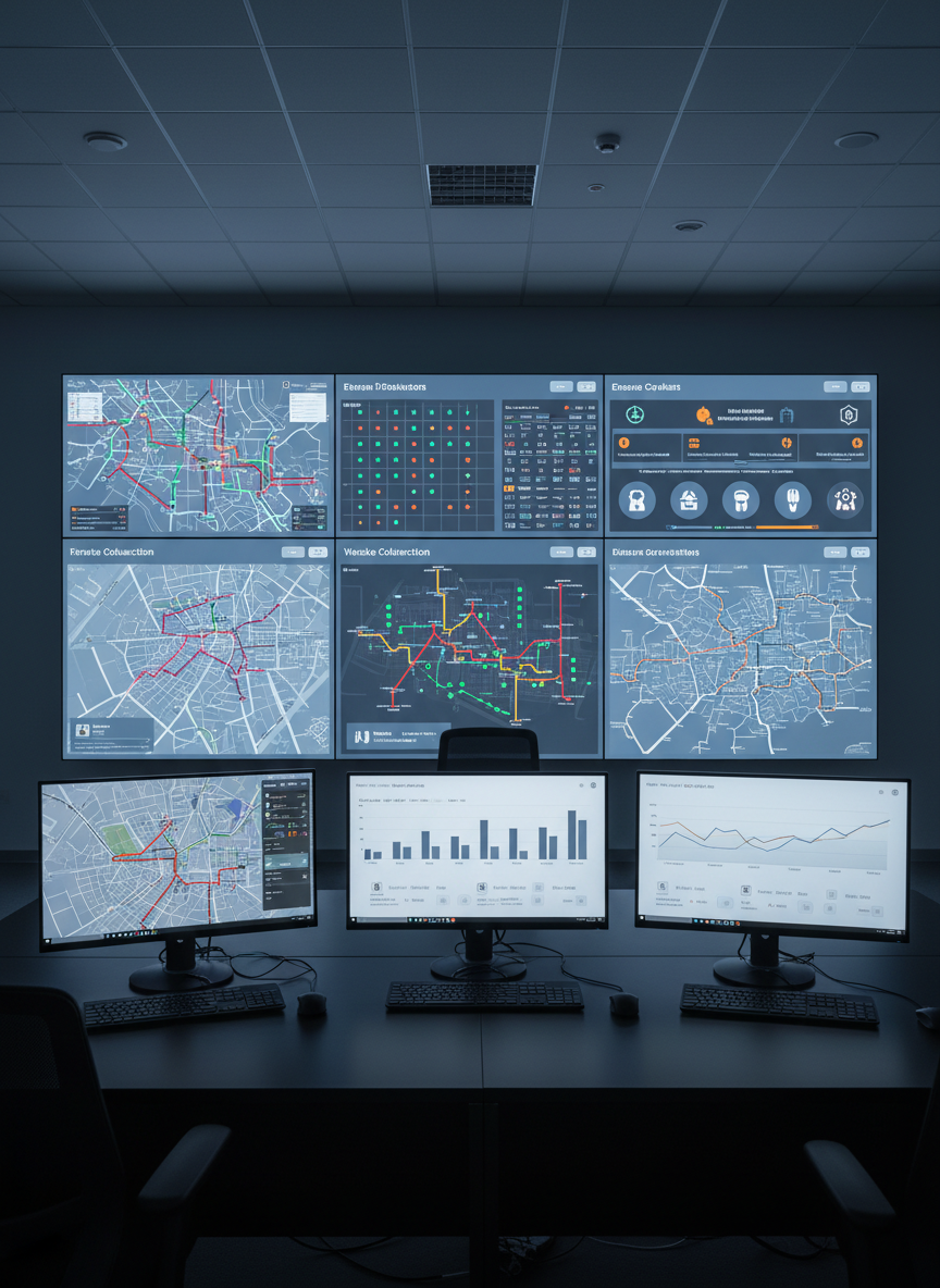 Inside a well-organized city operations center rendered in photographic realism, a large wall of high-resolution screens displays different neighborhood dashboards: live transit maps, streetlight status, waste collection routes, and emergency alerts, all designed with clean, professional graphics and neutral colors. In the foreground, a long, uncluttered desk holds multiple powered-on monitors showing zoomed-in neighborhood-level data and simple charts. Cool, controlled overhead lighting combines with the soft glow of the screens, reflecting subtly on the matte surface of the desk without glare. The mood is calm, professional, and highly competent, emphasizing practical, data-informed city governance. Shot from a slightly elevated angle with medium depth of field, the composition leads the eye from the foreground monitors to the expansive wall display, suggesting coordinated oversight of many neighborhoods at once.