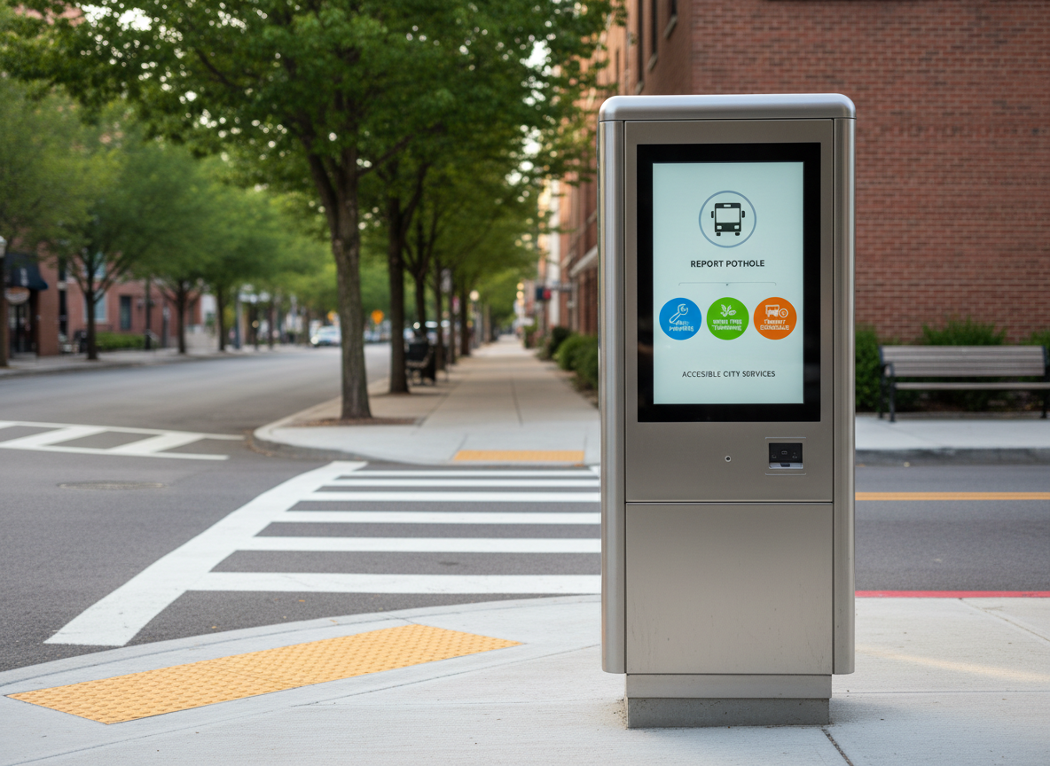 A clean, modern city service kiosk stands on a tidy neighborhood sidewalk in photographic realism. The kiosk’s matte silver exterior features a bright, high-resolution touch screen displaying a clear, colorful interface with options labeled for reporting potholes, requesting tree trimming, and checking public transit schedules, all using neutral icons and simple labels. Surrounding it are well-maintained trees, freshly painted crosswalk lines, and an accessible curb cut with tactile paving. Late-morning natural light creates soft, directional illumination, adding a subtle sheen to the kiosk’s metal edges and casting gentle shadows on the pavement. The atmosphere is efficient and welcoming, suggesting accessible city hall services embedded in the community. Framed at eye level with the kiosk slightly off-center following the rule of thirds, the background gently blurs to keep focus on this practical governance tool.