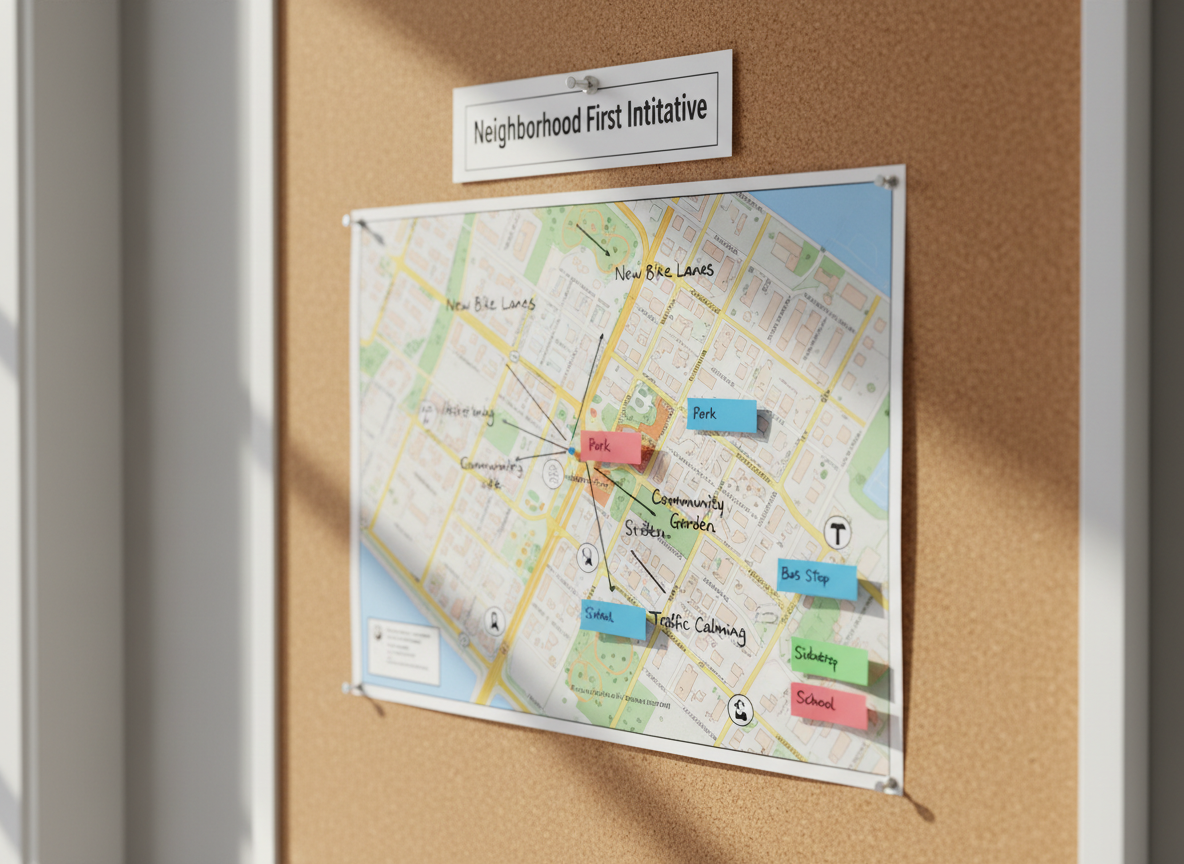 A close-up, photographic realism image of a carefully detailed neighborhood improvement plan pinned to a corkboard in a city planning office. The central subject is a large, full-color printed street map annotated with neatly handwritten notes, colored sticky flags marking parks, bus stops, and schools, and small icons for lighting upgrades and sidewalk repairs. A steel pushpin holds a card titled “Neighborhood First Initiative” at the top. Soft, diffused daylight from an unseen window washes across the board, creating gentle shadows behind the papers and adding texture to the cork. The mood is practical and hopeful, highlighting tangible city hall solutions. Shot at a slight angle with a shallow depth of field, the edges of the board fall softly out of focus, emphasizing the detailed, actionable plan at the center.